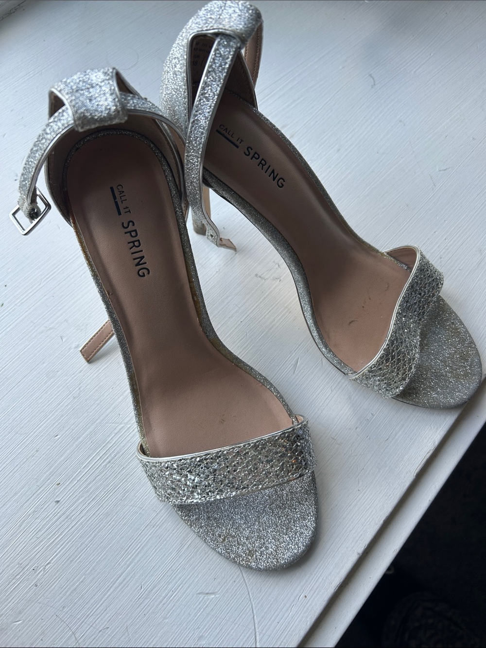 Call It Spring Glitter Silver Open-Toe Ankle-Strap Heels